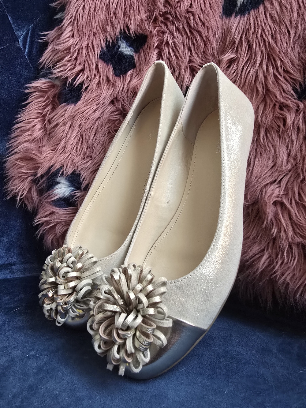 Calvin Klein Metallic Champagne Ballet Flats with Floral Pom